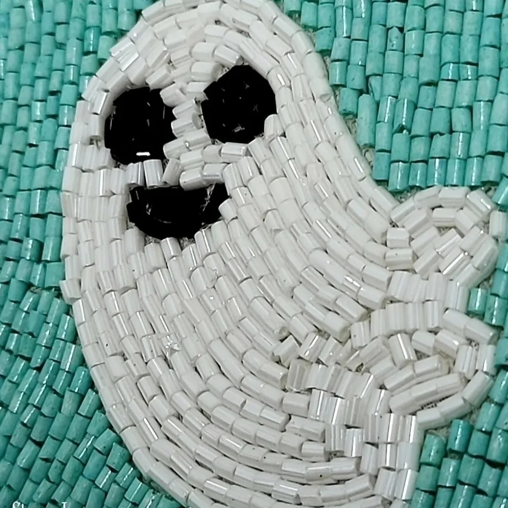 X4 Nicole Miller Halloween Beaded Aqua Sparkly Ghost Placemat Chargers 15